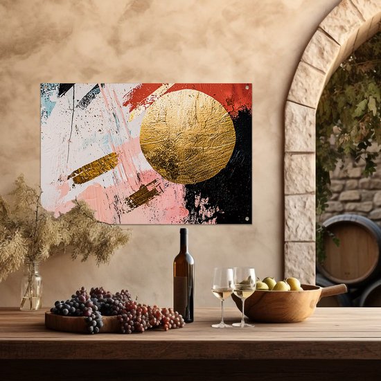 Abstract ontwerp met gouden accenten - Abstractie tuindecoratie - Tuinschilderijen kleur - Abstract expressionisme - Schuttingdoek - Waterafstotende wanddecoratie - tuinposter 90x60 cm