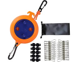 Intrekbare Waslijn - Verstelbare kampeerwaslijn - Draagbare reiswaslijn - Elastische waslijn - Voor buiten/binnen, kamperen, achtertuin, hotel - Met 20 winddichte wasknijpers, 10 stoppers - Oranje, donkerblauw - 32ft/10m