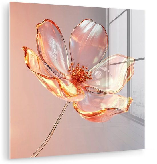 MuchoWow® Glasschilderij 50x50 cm - Schilderij acrylglas - Glazen - Bloem - Roze - Foto op glas - Muurdecoratie woonkamer - Wanddecoratie slaapkamer - Schilderijen