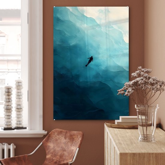 MuchoWow® Glasschilderij 80x120 cm - Schilderij acrylglas - Zee - Silhouet - Abstract - Blauw - Foto op glas - Muurdecoratie woonkamer - Wanddecoratie slaapkamer - Schilderijen