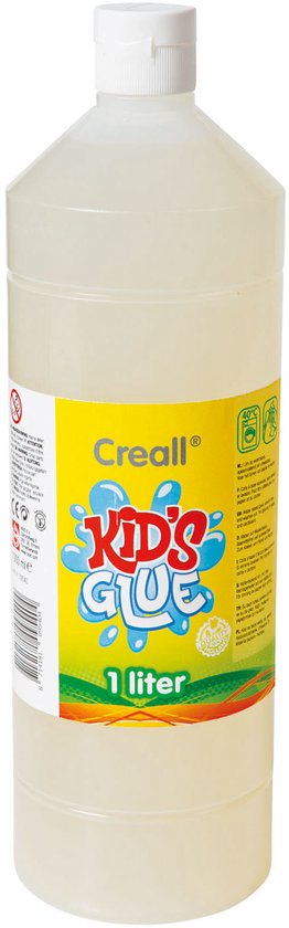 Transparante fles met 1 liter Creall lijm. Gelabeld 'Kids Glue' met kleurrijke letters en '1 liter'.