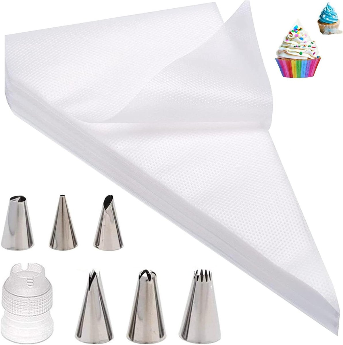 Wegwerpspuitzakken set van 100 stuks piping bags + 6 spuitmonden + 1 taartadapter voor spuitmonden bakaccessoires taartdecoratieset voor cupcakes - Kowyko