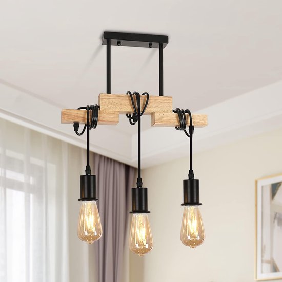 Hanglamp, vintage, hout, metaal, design, industriële plafondlamp, hanglamp, lampenkap, E27, verlichting voor eetkamer, keuken, wit, 2 stuks