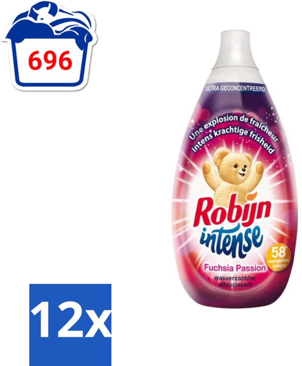 12 x Robijn Intense - Wasverzachter - Intense Fuchsia Passion - 870ml - 58 Wasbeurten - Wasverzachter - Fuchsia Passion - Geur - Frisheid - Zomerbloemen