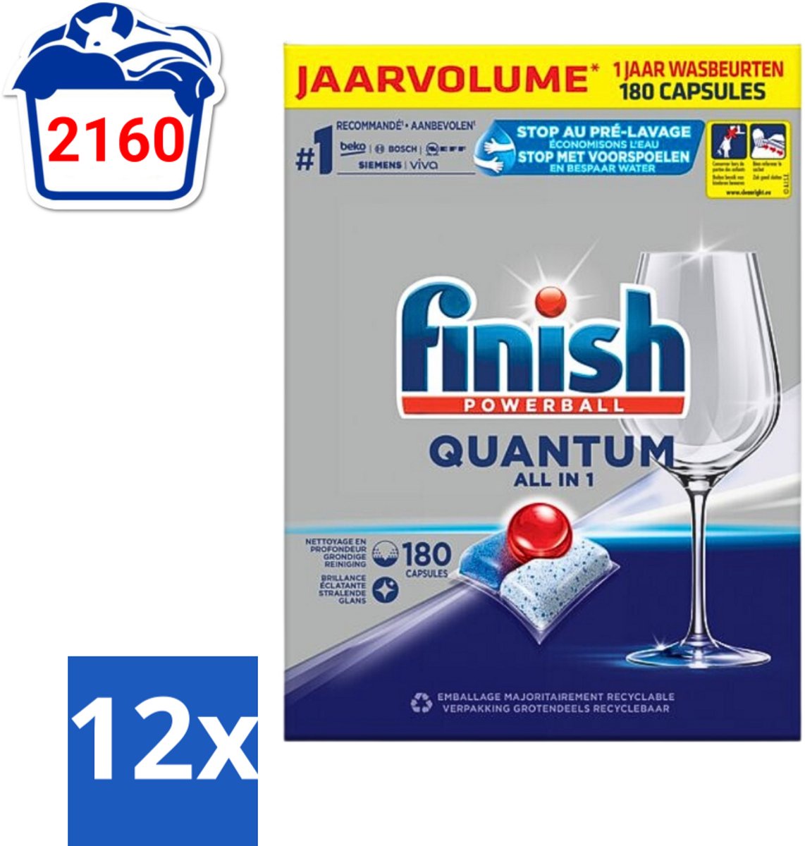 12 x Finish Powerball - Quantum All in 1 - Vaatwastabletten - 180 Tabletten - Vaatwascapsules - Diepe Reiniging - Glans - Vaatwasser - Finish Quantum