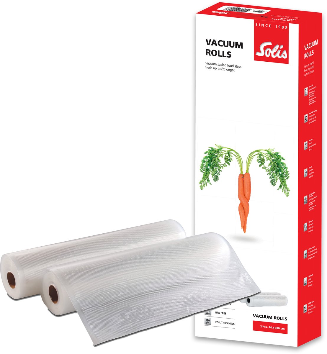 Solis Vacuumrollen 40 x 600 cm - Geschikt voor Diepvries, Magnetron en Sous Vide Koken - BPA-Vrij - Drielaags Vacuum Rollen - Vacuumfolie Rollen - voor Vac Prestige Maxi - 2 Rollen