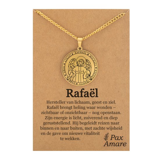 Beschermengel Rafaël Ketting op Cadeau Kaartje - Goudkleurig - Aartsengel Talisman / Medalion - Stainless Steel Engelen Hanger - 60cm