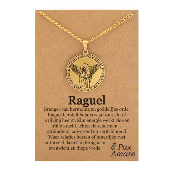 Beschermengel Raguël Ketting op Cadeau Kaartje - Goudkleurig - Aartsengel Talisman / Medalion - Stainless Steel Engelen Hanger - 60cm