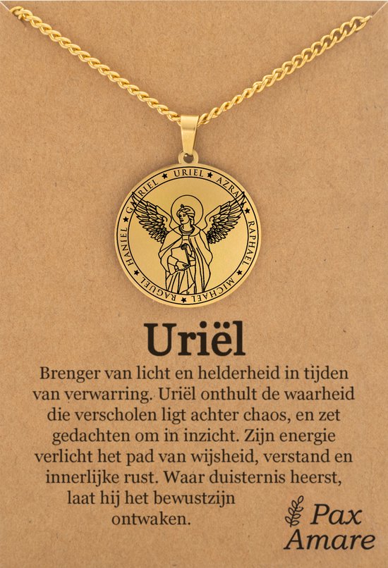 Collier Ange Gardien Uriel sur Carte Cadeau - Couleur Or - Talisman / Médaillon Archange - Pendentif Ange en Acier Inoxydable - 60 cm