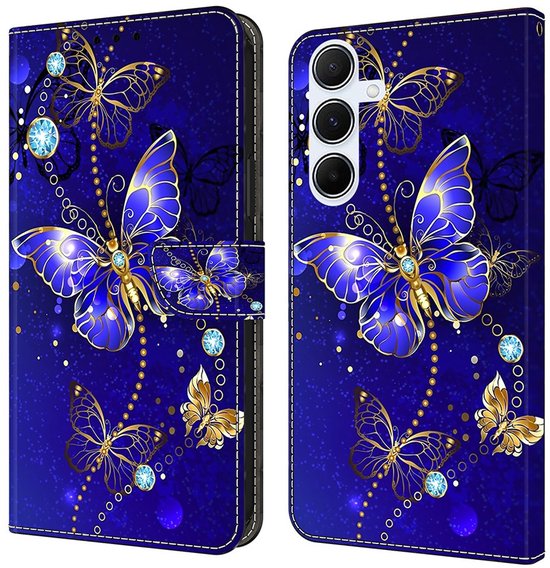 Diamant blauw vlinders - book case hoesje - telefoonhoesje geschikt voor Samsung Galaxy A56 / A36 / A37