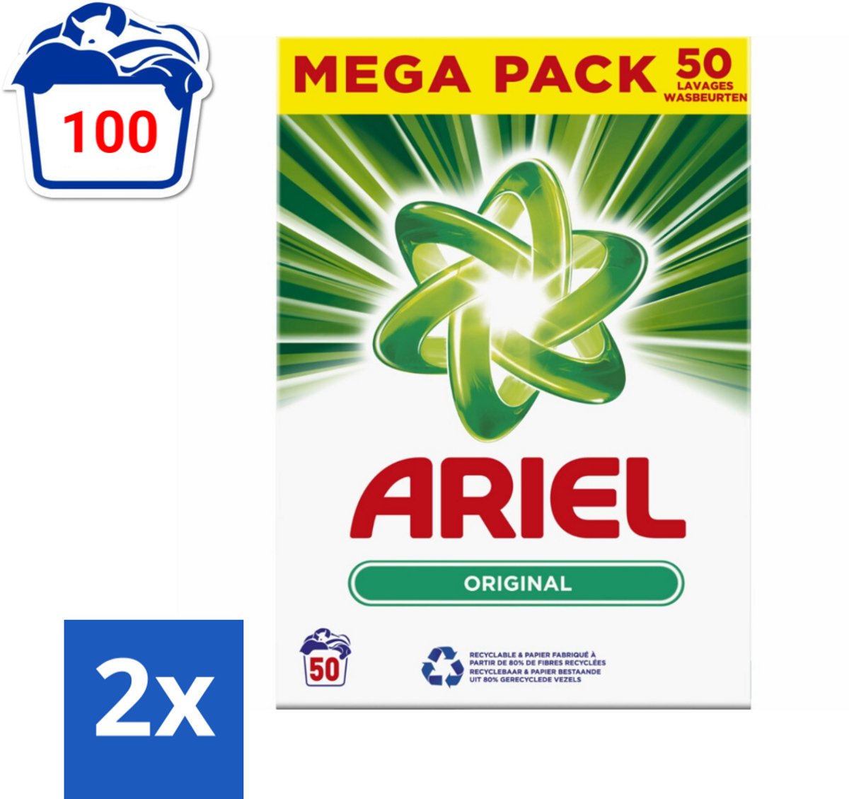 Ariel Original - Waspoeder - Witte en Lichtgekleurde Was - 50 Wasbeurten - Voordeelverpakking - 2 stuks