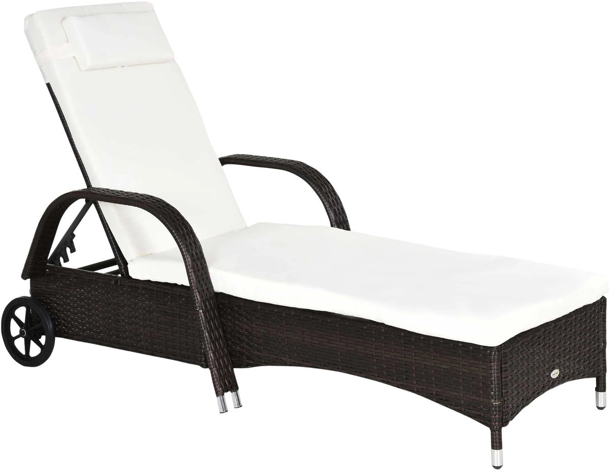 Rattan Tuin Lounger met Verstelbare Rugleuning en Kussens - 2 Wielen - Bruin Outdoor Zonnebed