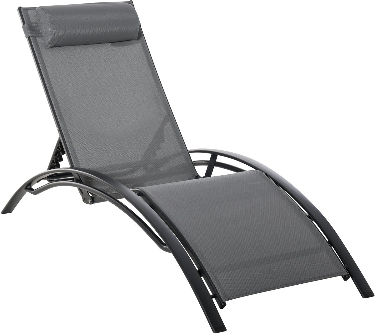 Verstelbare Lounger met Rugleuning en Afneembare Hoofdkussen - Tuinstoel voor Terras, Balkon en Zwembad - Grijze Aluminium Stoel