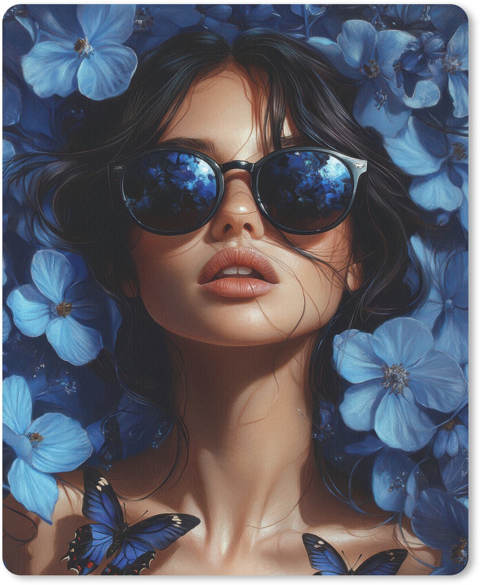 Muismat 19x23 cm - Mousepad Vrouw - Blauw - Bloemen - Vlinders - Natuur - Muismatten
