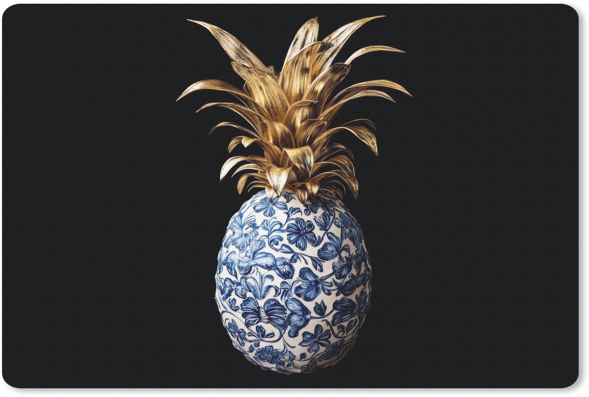 Muismat 27x18 cm - Mousepad Ananas - Bloemen patroon - Goud - Delftsblauw - Muismatten