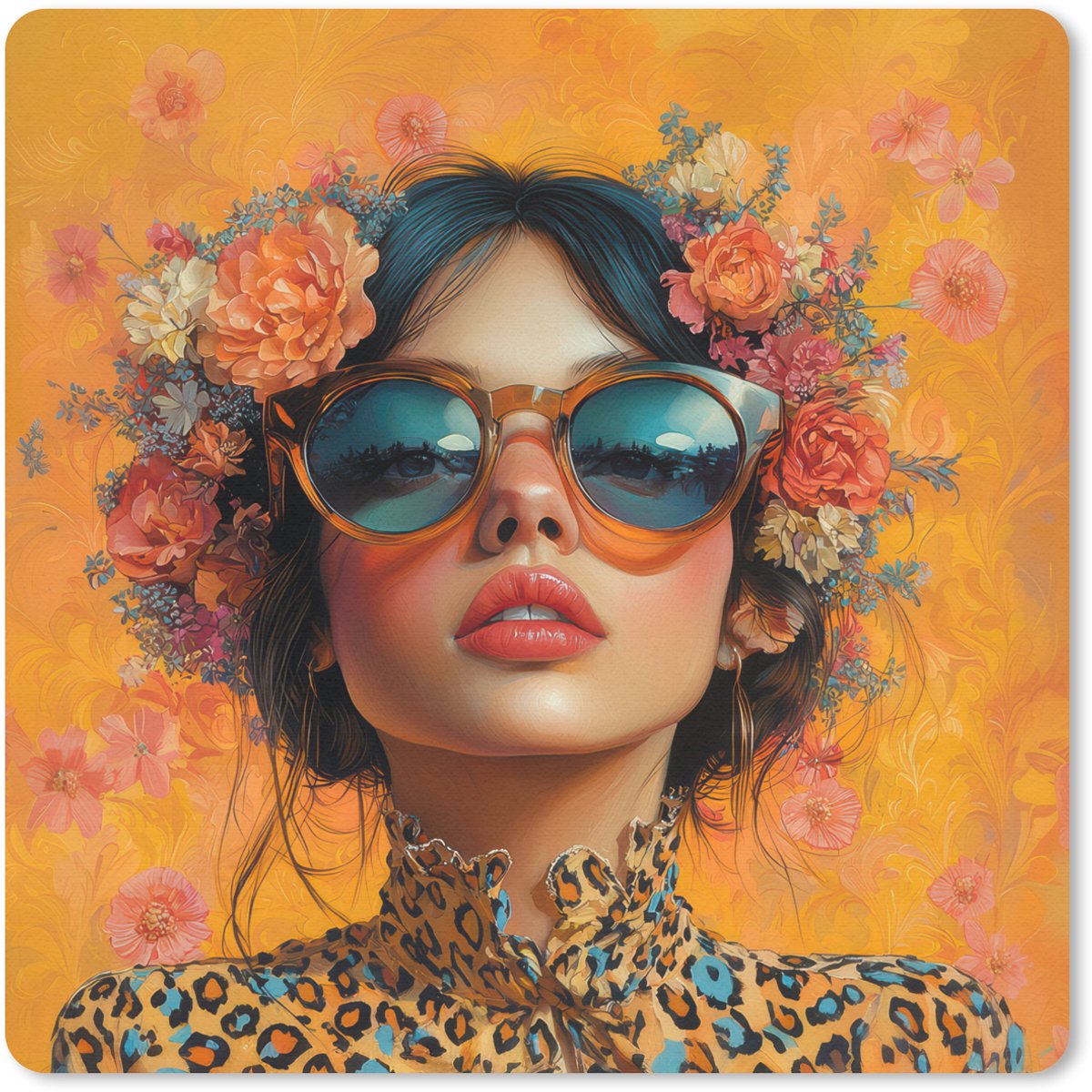 Muismat 30x30 cm - Mousepad Vrouw - Bloemen - Aesthetic - Oranje - Muismatten