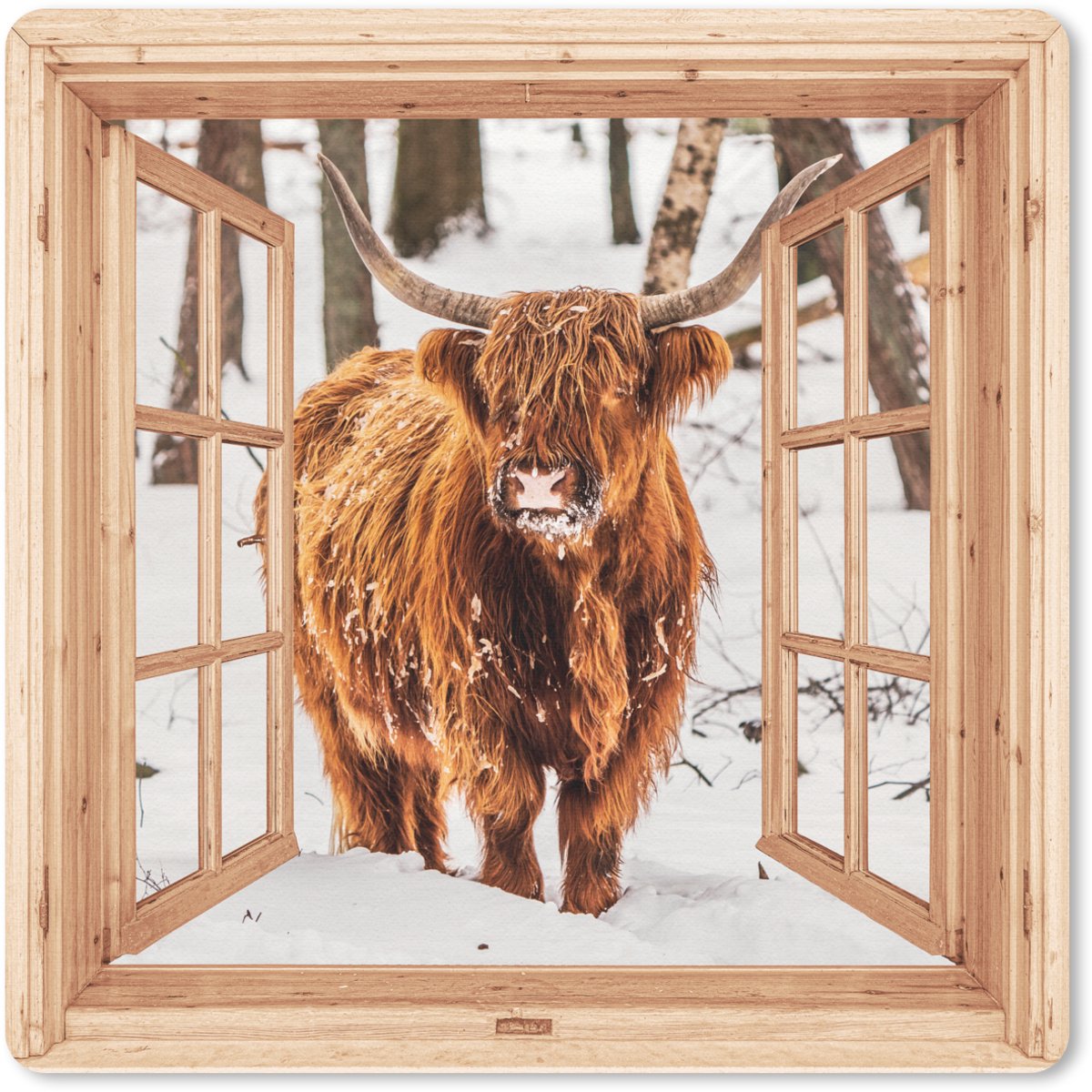 Muismat 30x30 cm - Mousepad Schotse Hooglander - Winter - Landschap - Natuur - Dieren - Doorkijk - Muismatten