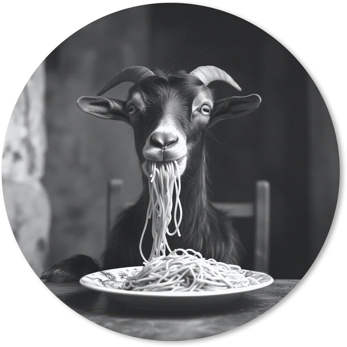 Muismat rond 20x20 cm - Mousepad Geit - Bord - Spaghetti - Zwart Wit - Ronde muismatten