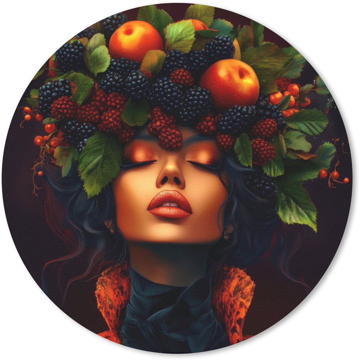 Muismat rond 40x40 cm - Mousepad Vrouw - Zwart - Bessen - Bramen - Appels - Ronde muismatten