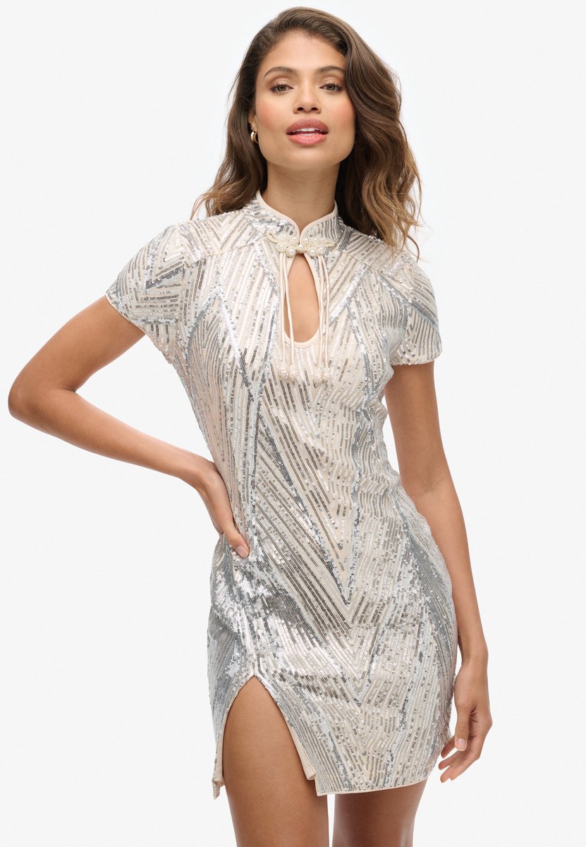 Superdry Mini-jurk met mandarijnkraag en pailletten Dames Jurken Zilver