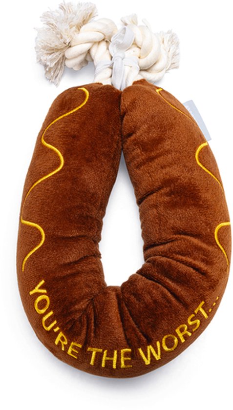 Bruine, ringvormige pluche worst met touw en gele tekst 'YOU'RE THE WORST...'.