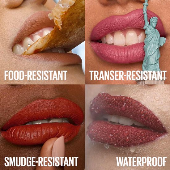 Collage van vier close-ups van lippen met Maybelline Super Stay Matte Ink: food-resistant, transfer-resistant, smudge-resistant en waterproof.
