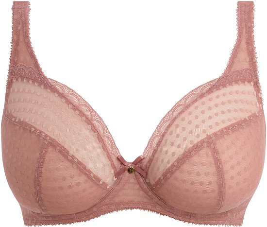 Roze Plunge beha met polkadot gaas, kanten rand en strikje.
