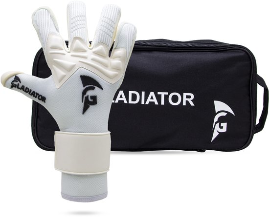 Witte keepershandschoenen van Gladiator Sports met zwarte logo's en een zwarte opbergtas.