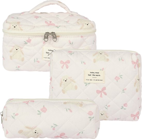 Skycases Travel Essentials - 3-delige Make-up Tas Set - Eco-vriendelijk Katoen - Gewatteerde Gebloemde Organizers - Etui Toilettasje - Toiletzak voor Dames - Ruim, Duurzaam en Ideaal voor Reizen