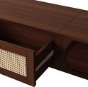 Detail van open lade van donkerhouten tv-meubel met rieten voorkant.