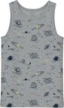 Grijs hemd met all-over space print: raketten, planeten, sterren en manen. Ronde hals.