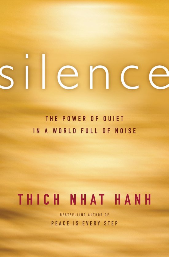 Boekcover: 'silence' in grote witte letters. Daaronder: 'THE POWER OF QUIET IN A WORLD FULL OF NOISE'. De auteur is Thich Nhat Hanh.