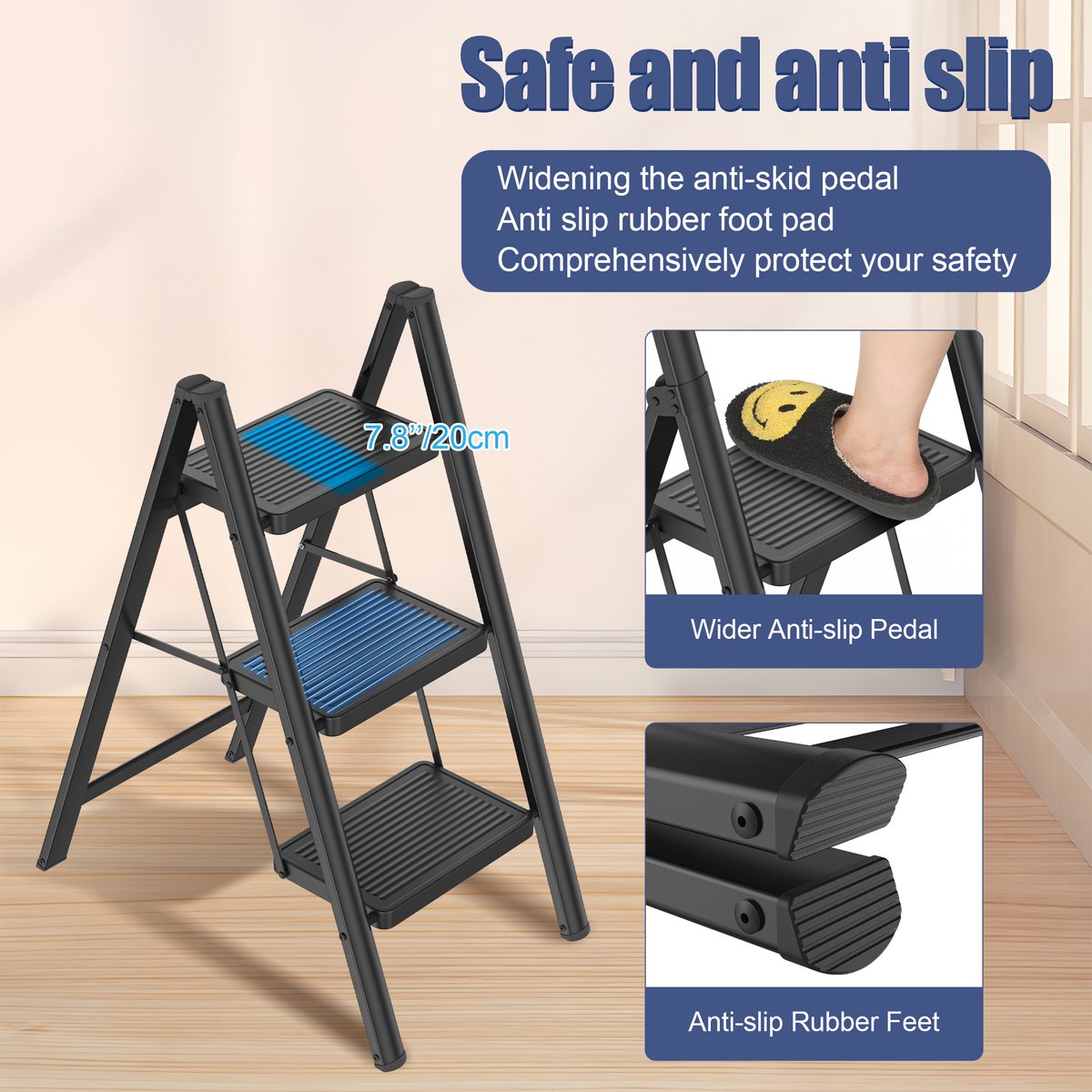 NAIZY Trapladder 3 Treden Inklapbare Ladder Vouwladder, Huishoudladder, Opstapje met 30x20cm Brede Treeplank tot 250KG Belastbaar, Zwart – foto 4