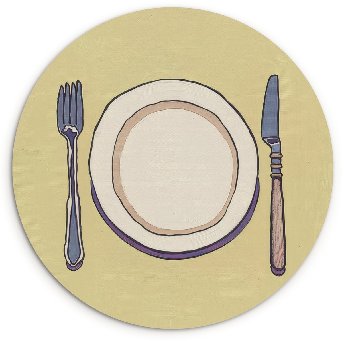 WallCircle Wandcirkel 60x60 cm - Muurcirkel Illustratie - Bord - Bestek - Beige - Muurdecoratie woonkamer - Wanddecoratie slaapkamer - Kamer decoratie accessoires - Ronde schilderijen Bord - Bestek - Illustratie