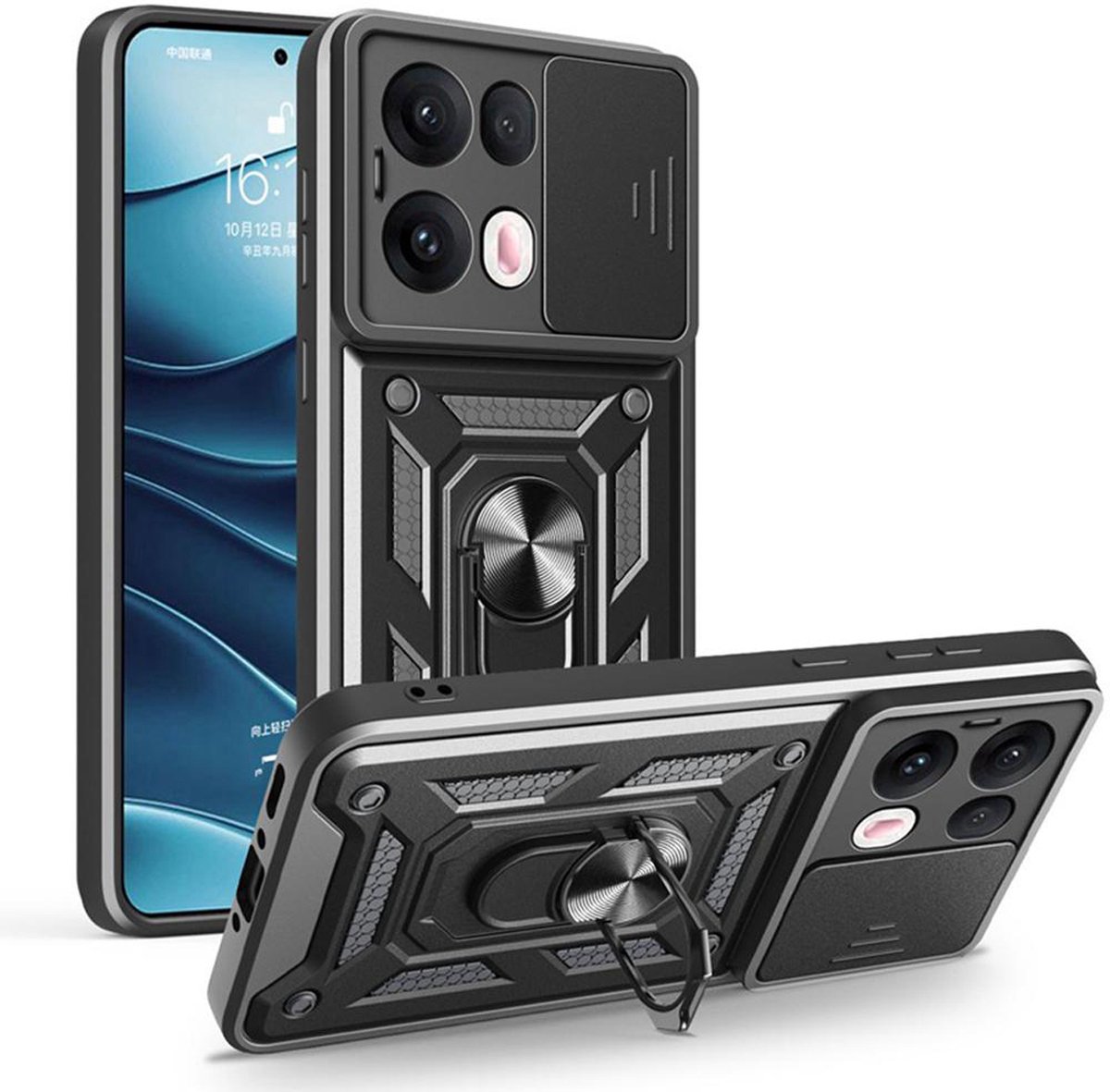 MobyDefend Hoesje - Geschikt voor Oppo Reno13 Pro - Pantsercase Met Draaibare Ring - Zwart