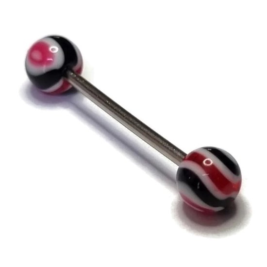 Foto: Aramat jewels tongpiercings kleurrijke gestreepte tongpiercing van staal wit rood zwart 6mm staal volwassenen verkleurd niet