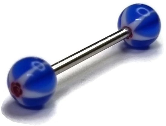 Foto: Aramat jewels tongpiercings kleurrijke gestreepte tongpiercing van staal gestreept rood wit blauw 6mm staal volwassenen verkleurd niet