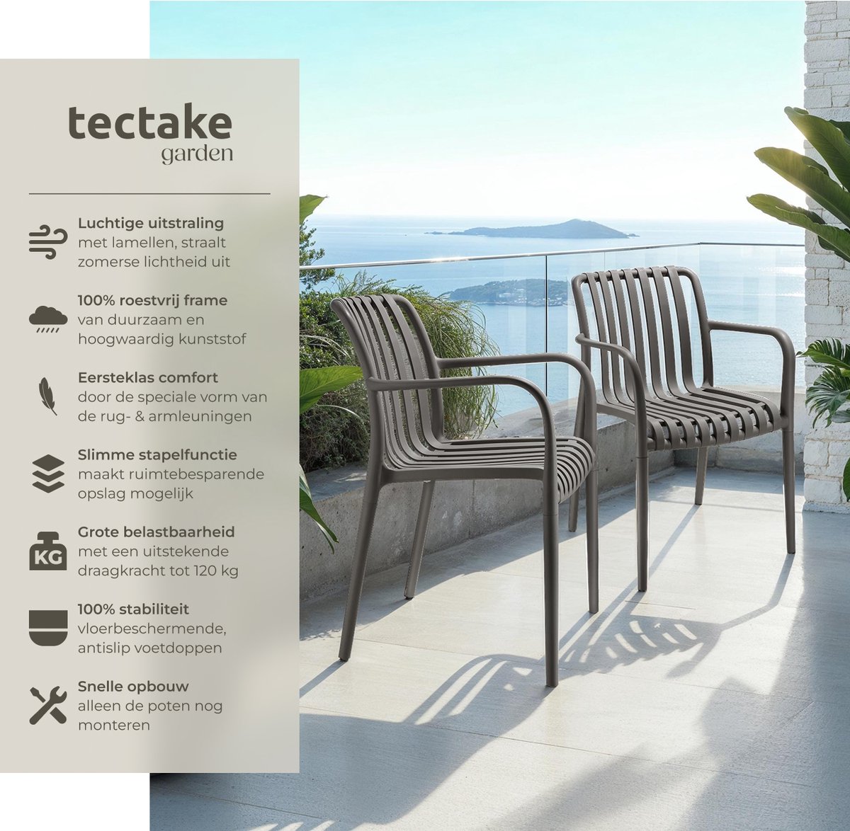 tectake® Set van 6 Tuinstoelen Alcudia - Antraciet - Kunststof Stoelen met Armleuning - Tuinset voor om de Tuintafel of op de Camping - Stapelbaar - Stoelen voor Tuin, Terras of Balkon - Weerbestendig en UV-bestendig - Draagkracht 120kg per Tuinstoel – foto 7
