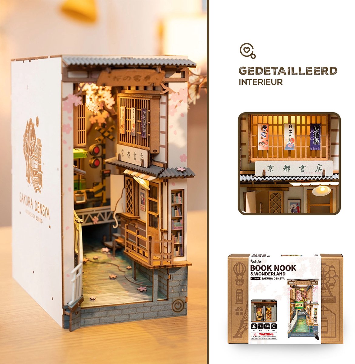 Robotime Book Nook Shelf Insert - Miniatuurhuisje Tokyo Trein met Ledverlichting - 340 stukjes - 3d Houten Puzzel - 18.5 x 10 x 24.2 cm - Boekenhouder - Bouwpakket voor Volwassenen en Kinderen - DIY - Sakura Densya — afbeelding 4