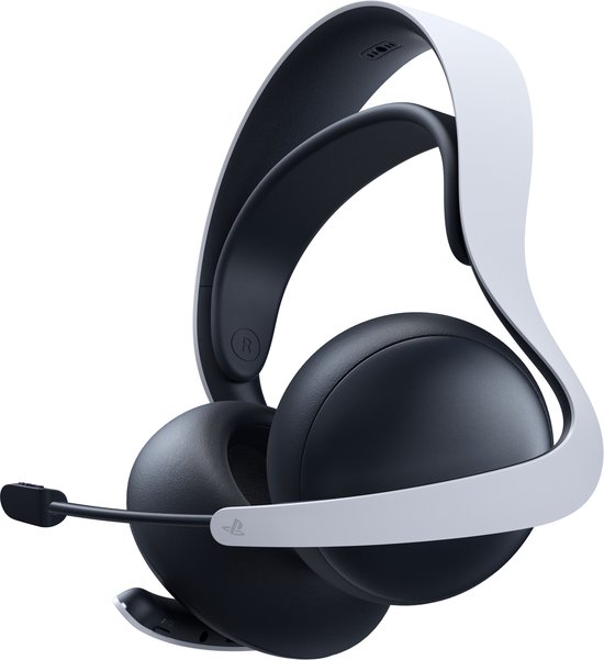 Zwarte gaming headset met witte hoofdband, van de zijkant bekeken.