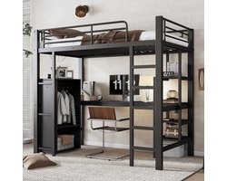 Sweiko Hoogslaper - 90x200cm - met bureau + kleerkast + opbergvakken - Ijzer + hardhouten afwerking - Zwart (zonder stoel)