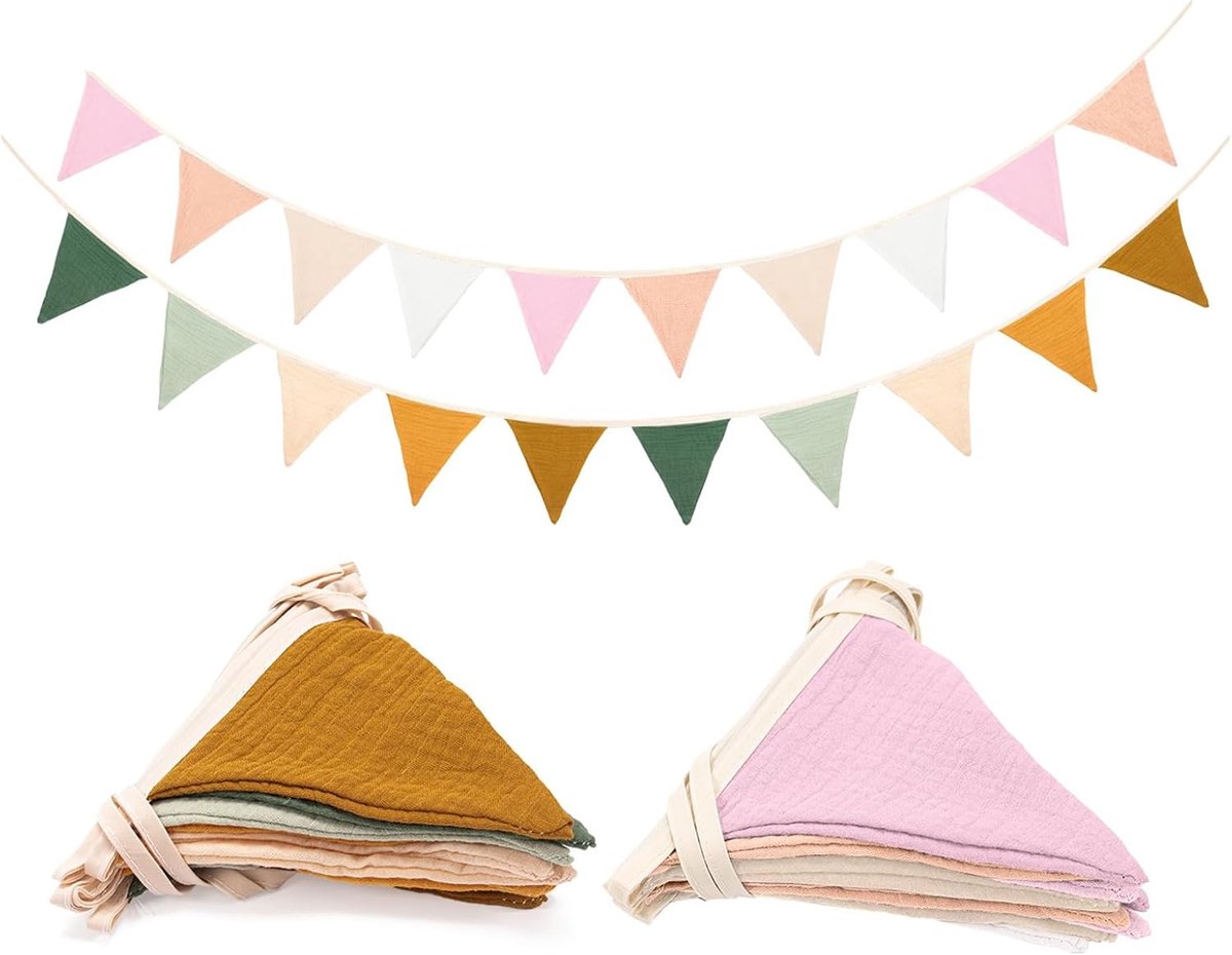 Image of 2 stuks vlaggetjesslinger voor kinderkamer, mousseline, katoenen stof, slinger, kinderkamer, decoratie om op te hangen, huisbed, decoratie voor meisjes en jongens, wanddecoratie, cadeau