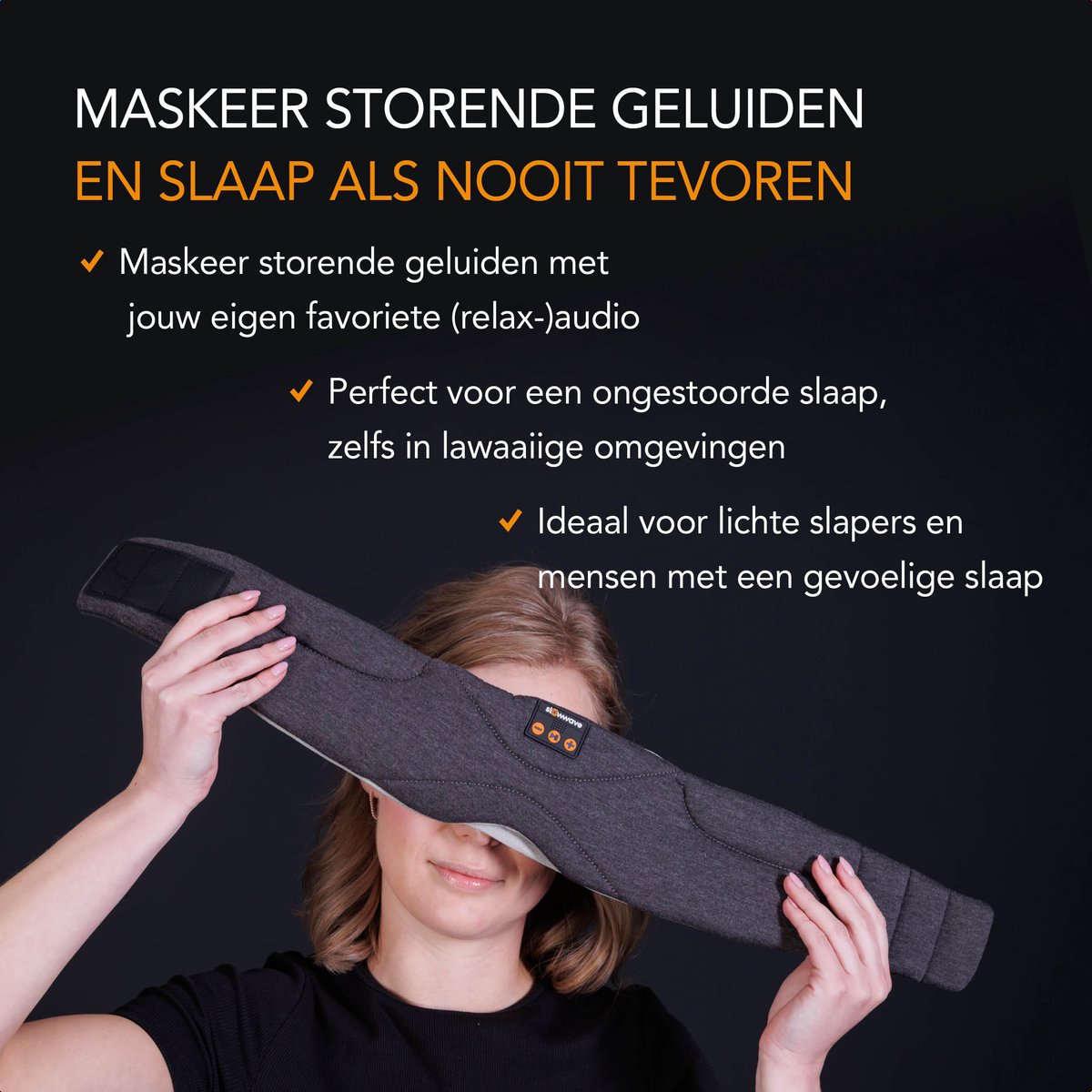 Slowwave Premium Bluetooth Slaapmasker - Stream je favoriete audio in 100% duisternis - Inclusief handige timer-functie - Platte en zachte ‘spons-speakers’ (perfect voor zijslapers) - Koel en ademend materiaal - Kleur: antraciet — afbeelding 2