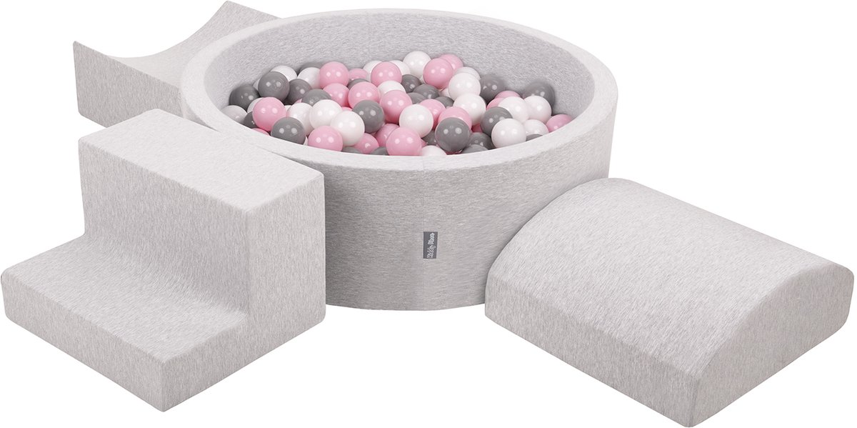 KiddyMoon schuimspeelplaats met rond ballenbad (300 ballen) ballenbakken voor baby's speelbad hindernisbanen, made in the eu, lichtgrijs:wit/grijs/poederroze