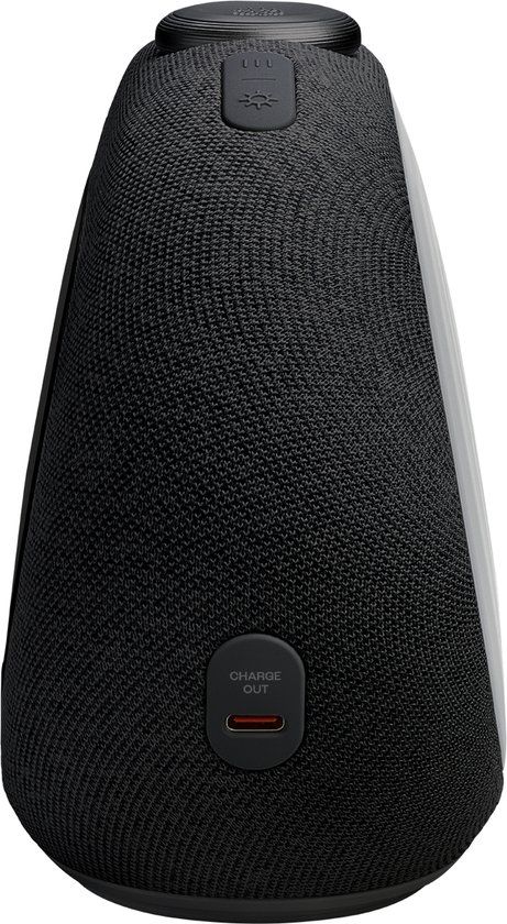 Zwarte Bluetooth speaker met witte zijkanten en stoffen bekleding.