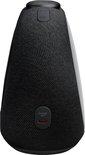 Zwarte Bluetooth speaker met witte zijkanten en stoffen bekleding.