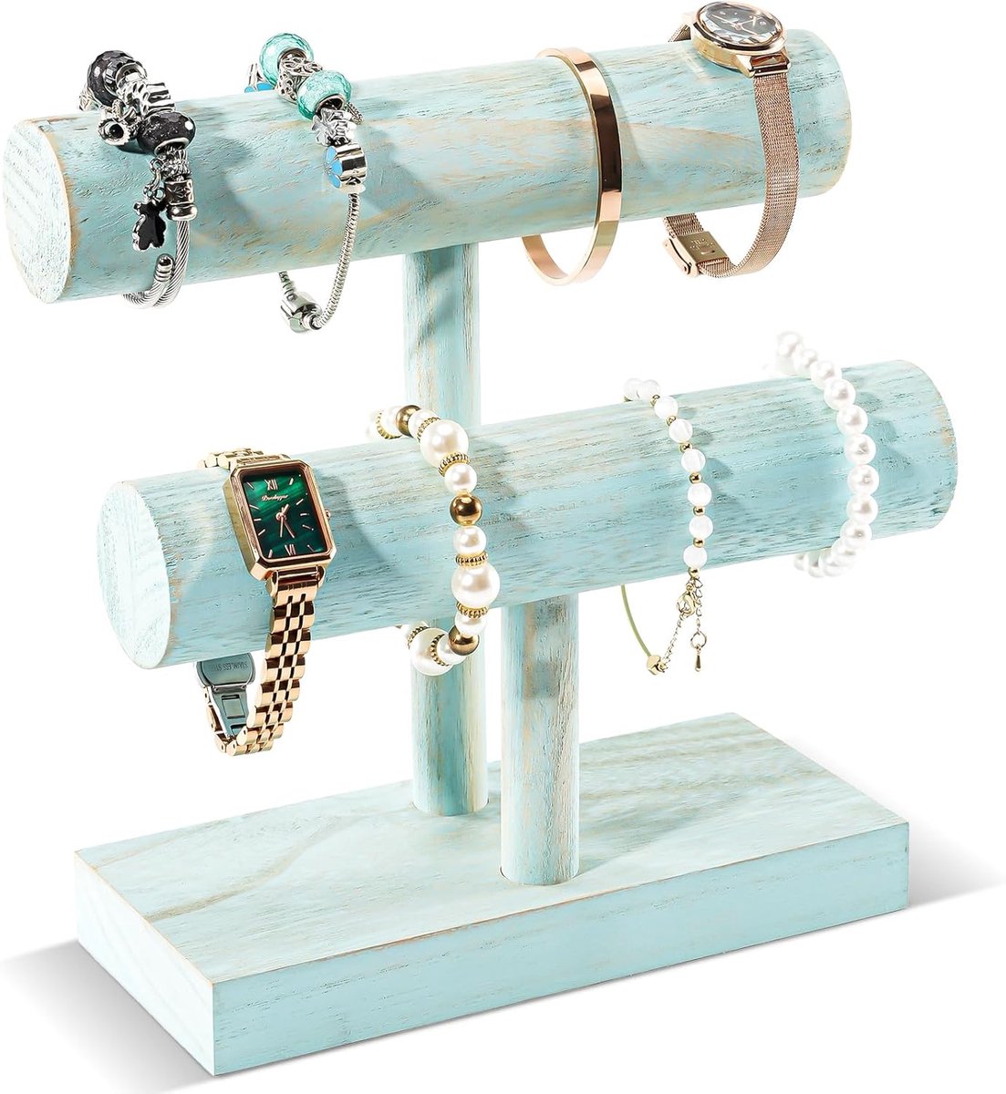 Armbandhouder Display - Houten Armband Stand voor Verkoop, T-bar Bangle Opbergrek - 2 Tier, Aqua