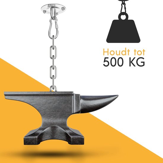 Een zware ketting met karabijnhaak hangt aan een plafondhaak, met daaronder een aambeeld. Tekst: 'Houdt tot 500 KG'.
