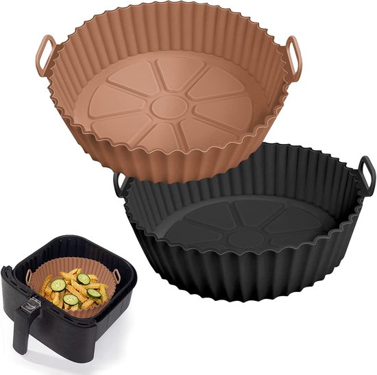 Foto: Set van 2 airfryer siliconen bakjes herbruikbaar siliconen kommandje airfryer mandje vervangt brandbaar bakpapier bakplaat ovenaccessoires geschikt voor de meeste ovens zwart bruin 20 x 17 2 cm