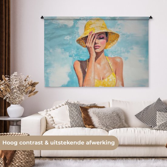 Wandkleed 150x100 cm - Wanddoek Schilderij - Vrouw - Hoed - Geel - Wandtapijt - Wandkleden